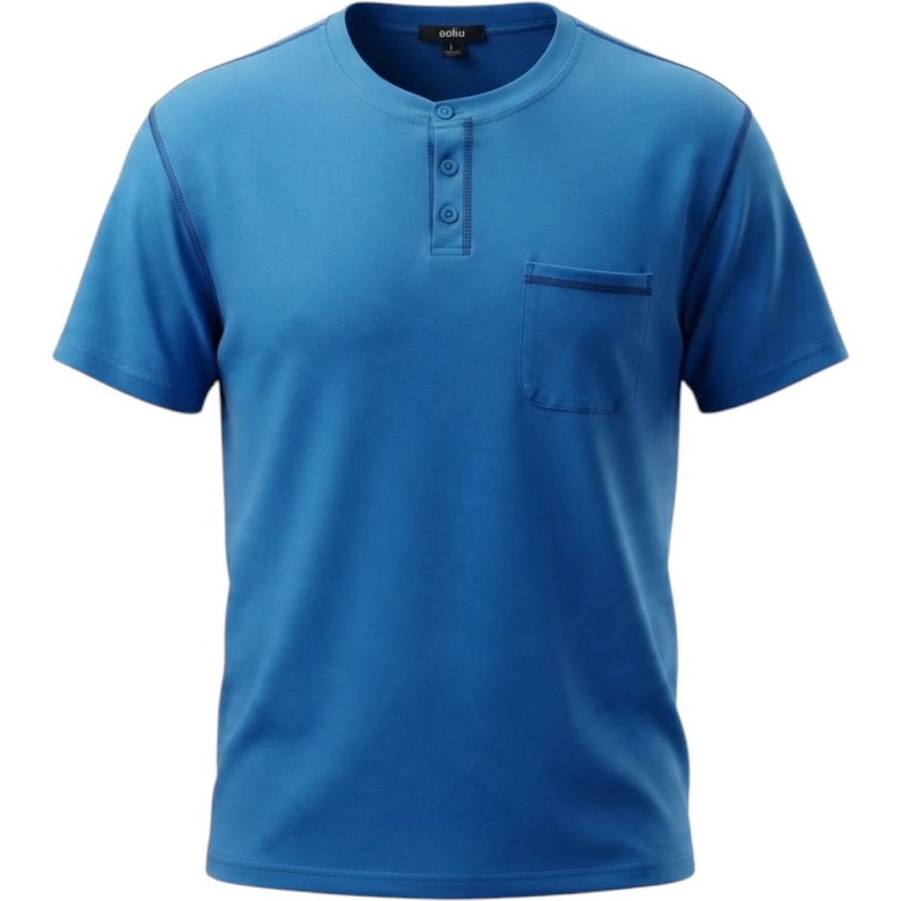 Ouku Mens 2XL Blue Short Sleeve Henley‎ T-Shirt Chest Pocket Contrast Stitching
